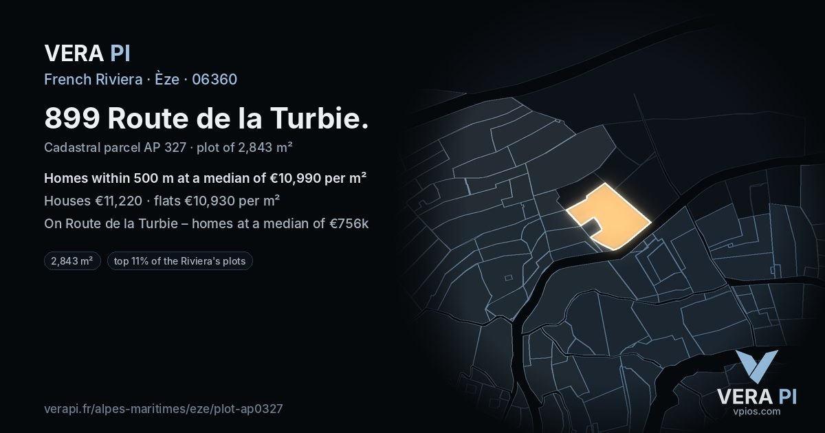 899 Route de la Turbie, Èze at night – the plot lit, the parcels around coloured by the prices near them
