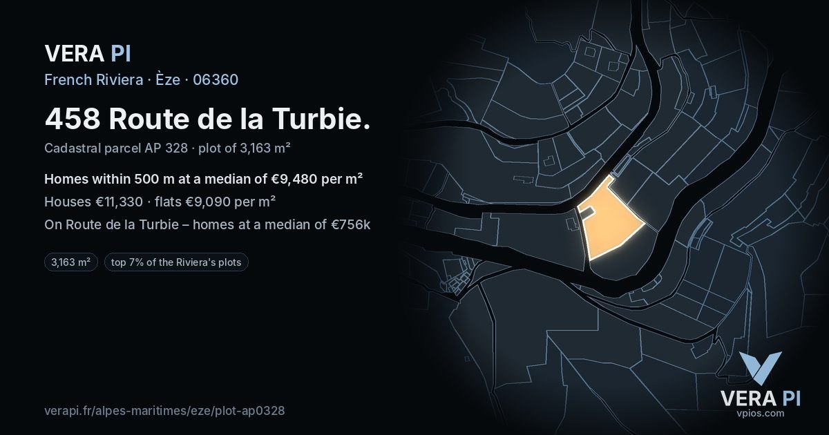 458 Route de la Turbie, Èze at night – the plot lit, the parcels around coloured by the prices near them