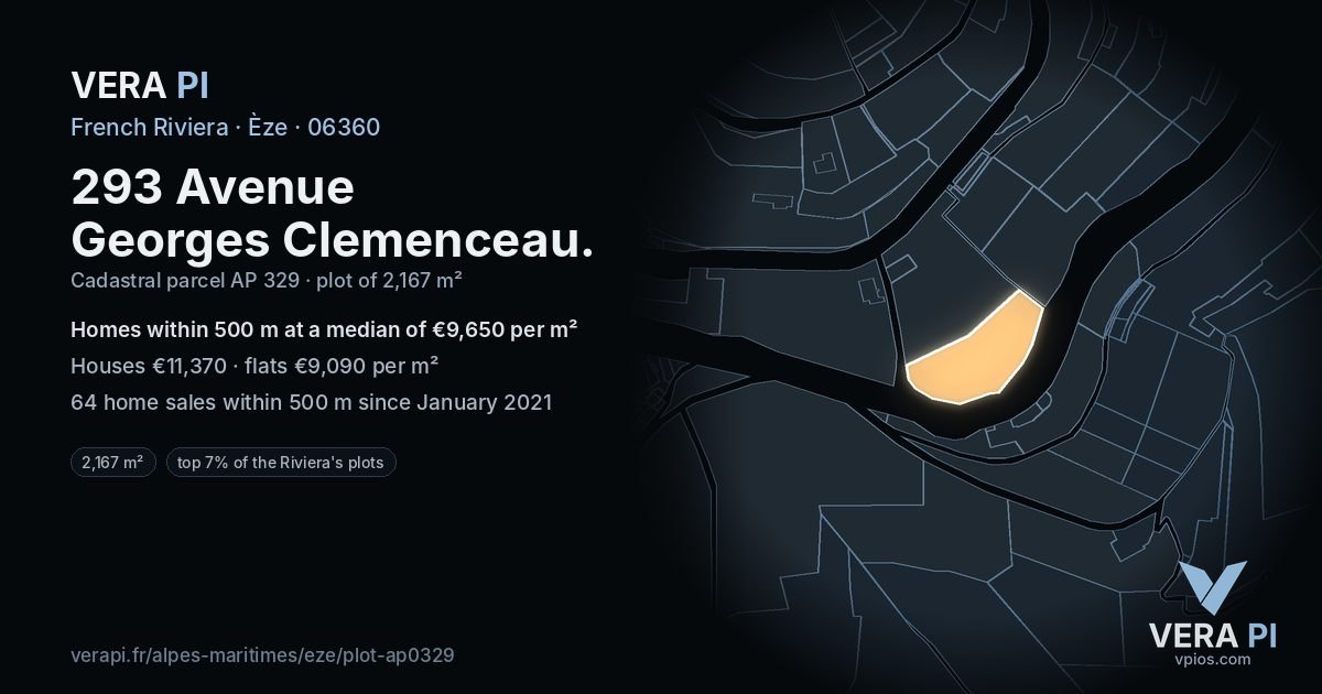 293 Avenue Georges Clemenceau, Èze at night – the plot lit, the parcels around coloured by the prices near them