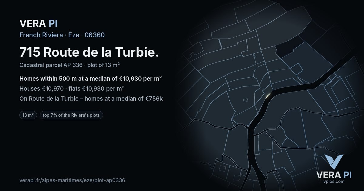 715 Route de la Turbie, Èze at night – the plot lit, the parcels around coloured by the prices near them