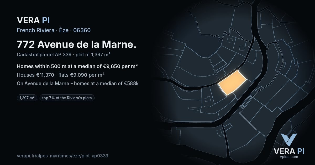 772 Avenue de la Marne, Èze at night – the plot lit, the parcels around coloured by the prices near them