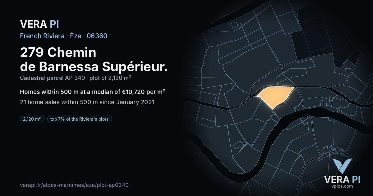279 Chemin de Barnessa Supérieur, Èze at night – the plot lit, the parcels around coloured by the prices near them