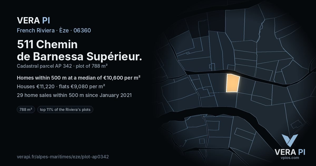 511 Chemin de Barnessa Supérieur, Èze at night – the plot lit, the parcels around coloured by the prices near them