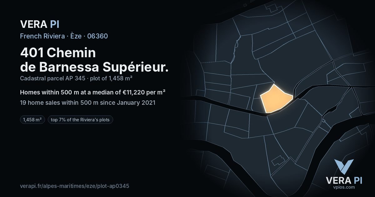 401 Chemin de Barnessa Supérieur, Èze at night – the plot lit, the parcels around coloured by the prices near them