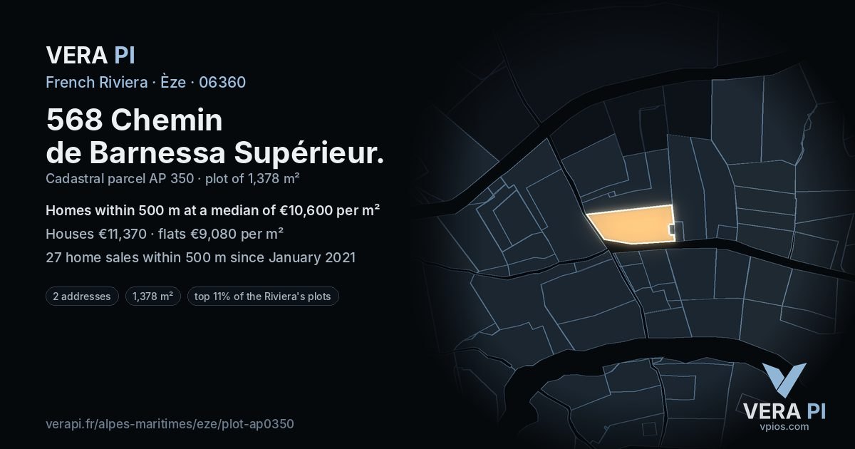 568 Chemin de Barnessa Supérieur, Èze at night – the plot lit, the parcels around coloured by the prices near them