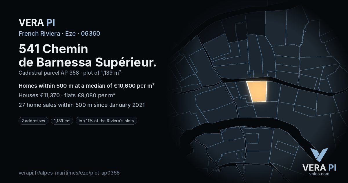 541 Chemin de Barnessa Supérieur, Èze at night – the plot lit, the parcels around coloured by the prices near them