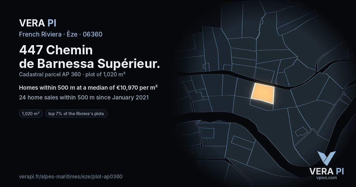 447 Chemin de Barnessa Supérieur, Èze at night – the plot lit, the parcels around coloured by the prices near them