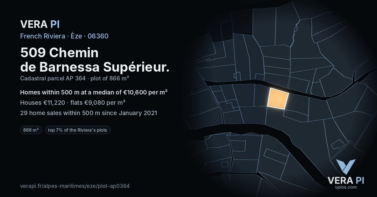 509 Chemin de Barnessa Supérieur, Èze at night – the plot lit, the parcels around coloured by the prices near them