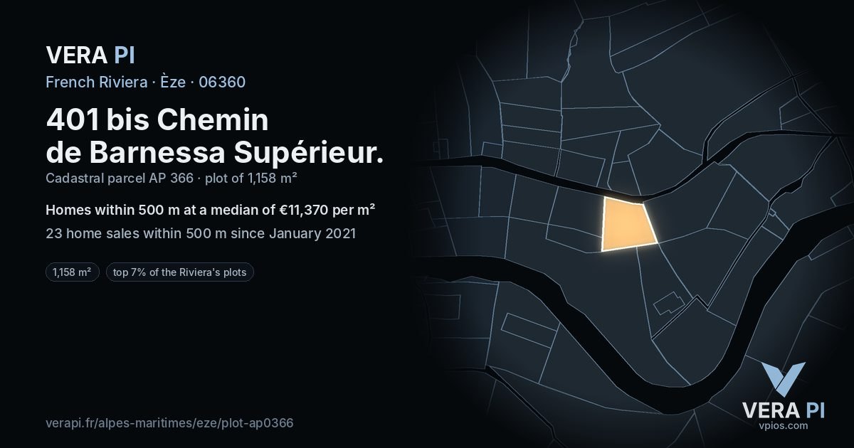 401 bis Chemin de Barnessa Supérieur, Èze at night – the plot lit, the parcels around coloured by the prices near them