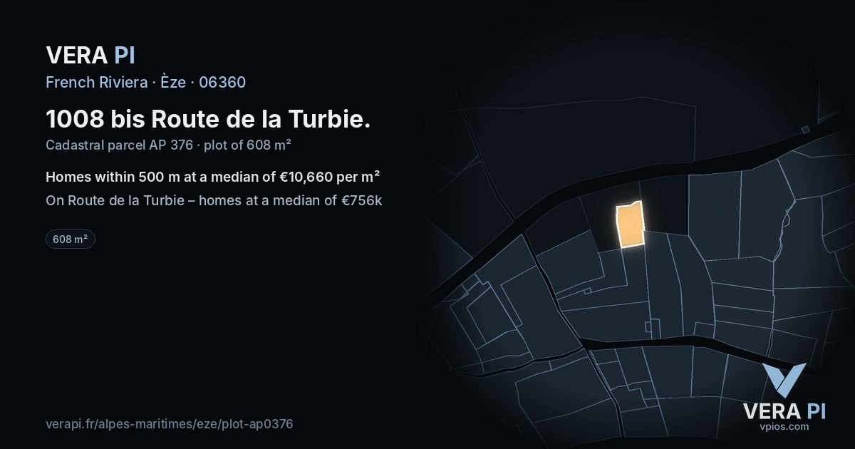 1008 bis Route de la Turbie, Èze at night – the plot lit, the parcels around coloured by the prices near them
