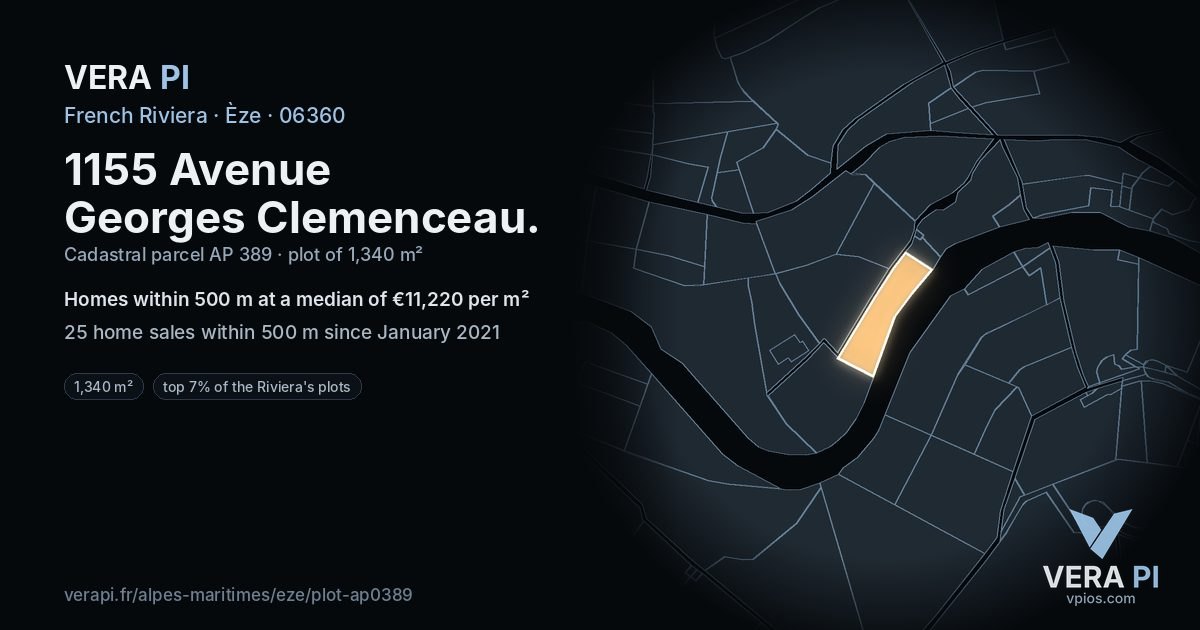 1155 Avenue Georges Clemenceau, Èze at night – the plot lit, the parcels around coloured by the prices near them