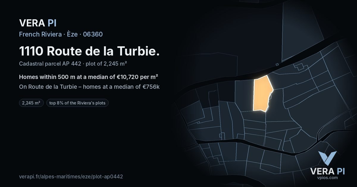 1110 Route de la Turbie, Èze at night – the plot lit, the parcels around coloured by the prices near them