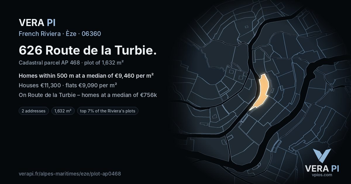 626 Route de la Turbie, Èze at night – the plot lit, the parcels around coloured by the prices near them