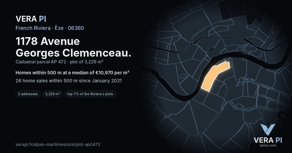 1178 Avenue Georges Clemenceau, Èze at night – the plot lit, the parcels around coloured by the prices near them