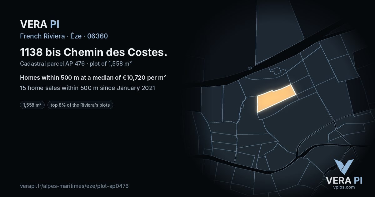 1138 bis Chemin des Costes, Èze at night – the plot lit, the parcels around coloured by the prices near them