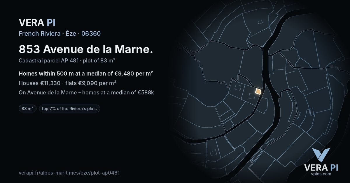 853 Avenue de la Marne, Èze at night – the plot lit, the parcels around coloured by the prices near them