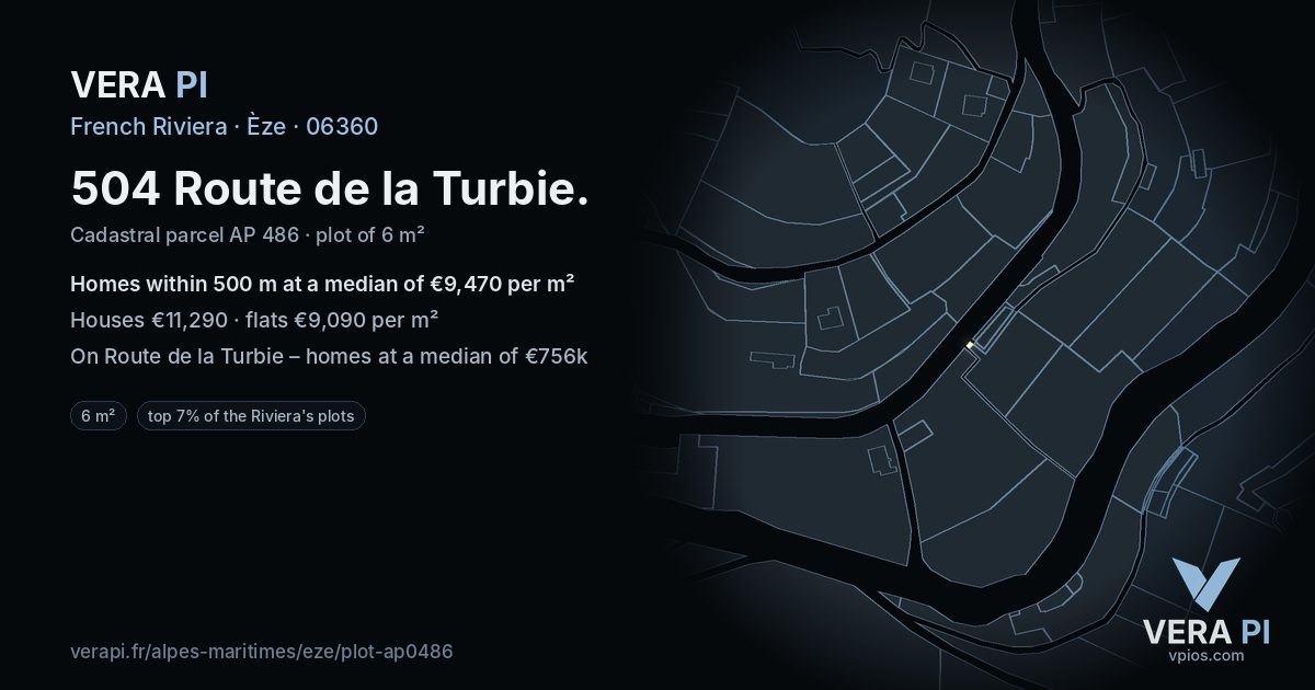 504 Route de la Turbie, Èze at night – the plot lit, the parcels around coloured by the prices near them