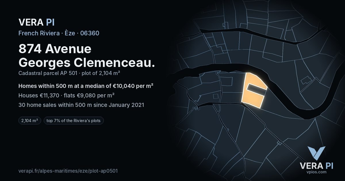 874 Avenue Georges Clemenceau, Èze at night – the plot lit, the parcels around coloured by the prices near them