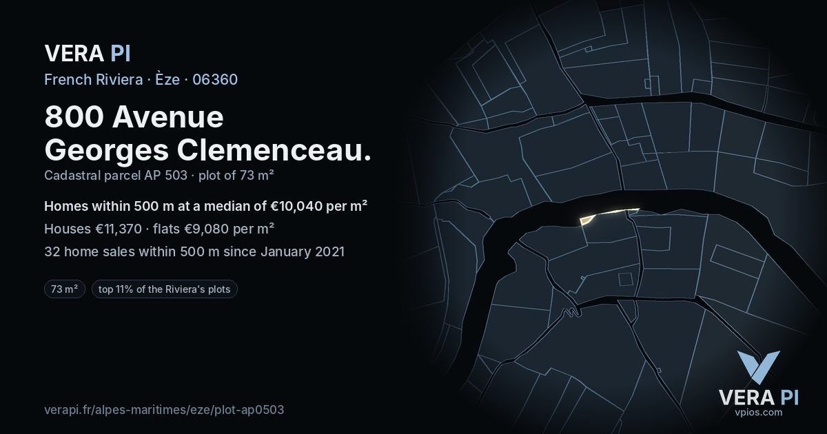 800 Avenue Georges Clemenceau, Èze at night – the plot lit, the parcels around coloured by the prices near them
