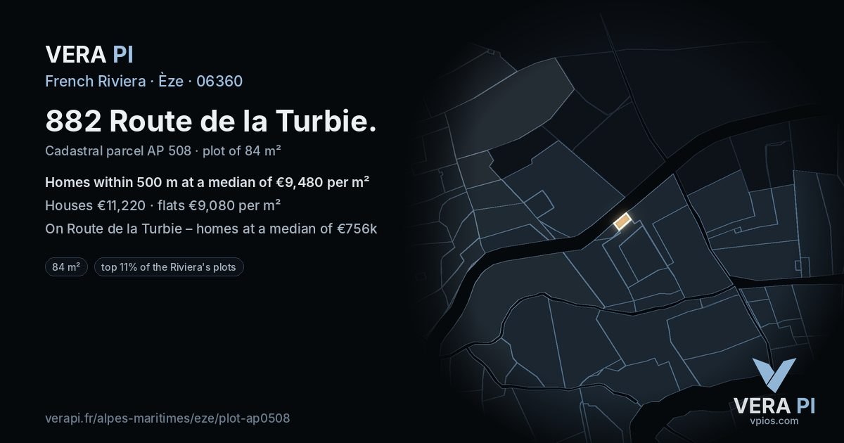882 Route de la Turbie, Èze at night – the plot lit, the parcels around coloured by the prices near them