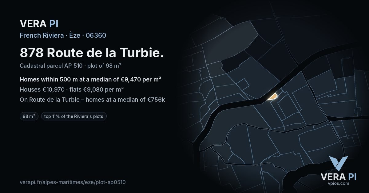 878 Route de la Turbie, Èze at night – the plot lit, the parcels around coloured by the prices near them