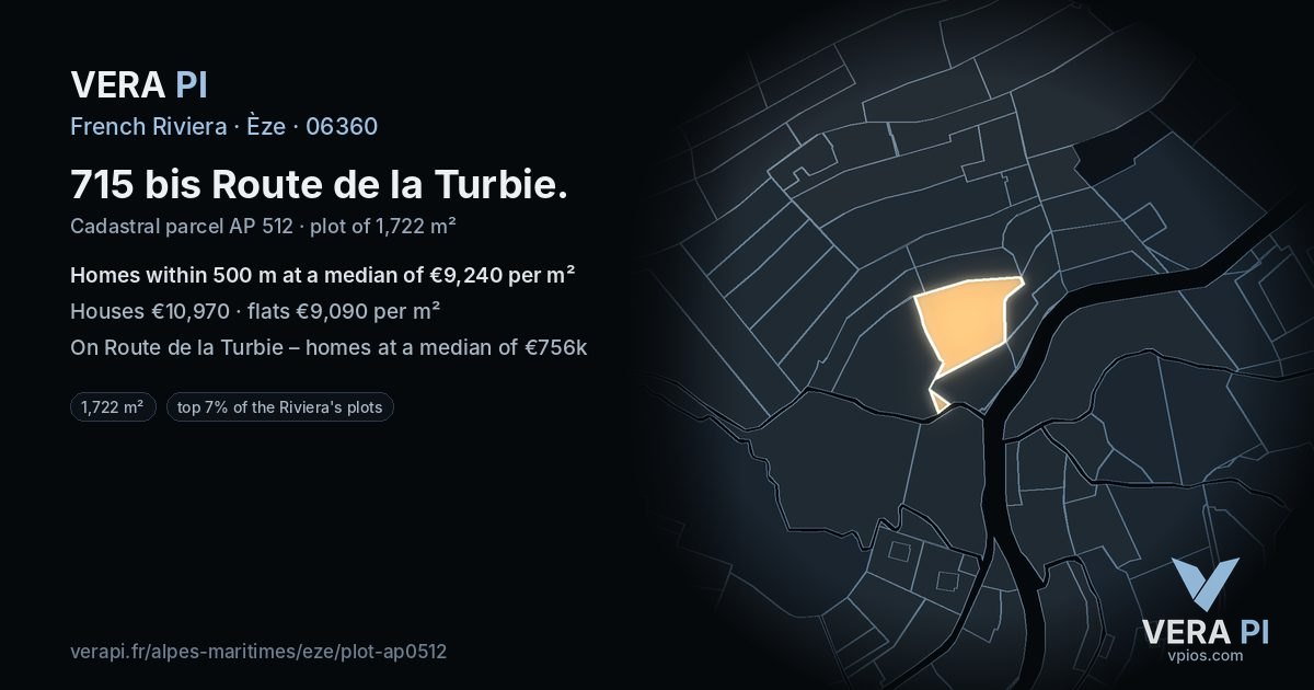 715 bis Route de la Turbie, Èze at night – the plot lit, the parcels around coloured by the prices near them