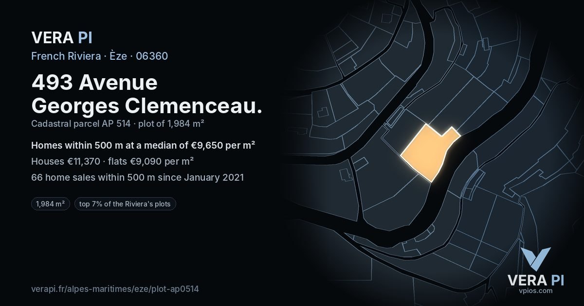 493 Avenue Georges Clemenceau, Èze at night – the plot lit, the parcels around coloured by the prices near them