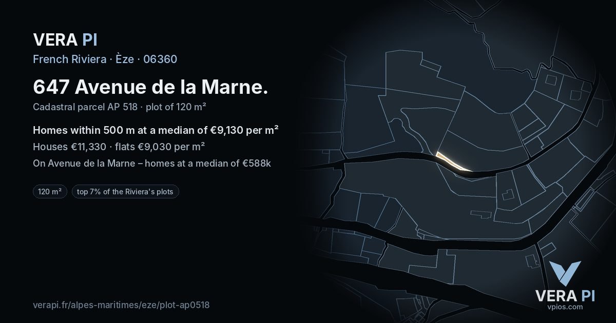 647 Avenue de la Marne, Èze at night – the plot lit, the parcels around coloured by the prices near them