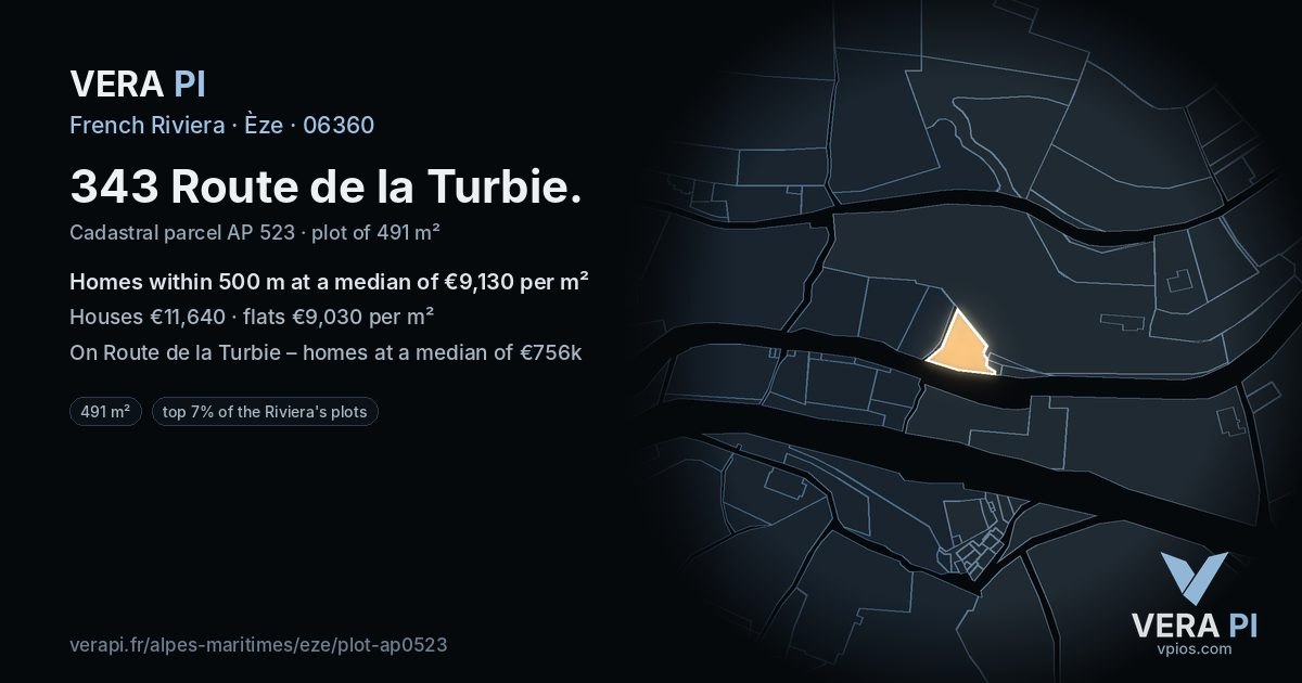 343 Route de la Turbie, Èze at night – the plot lit, the parcels around coloured by the prices near them