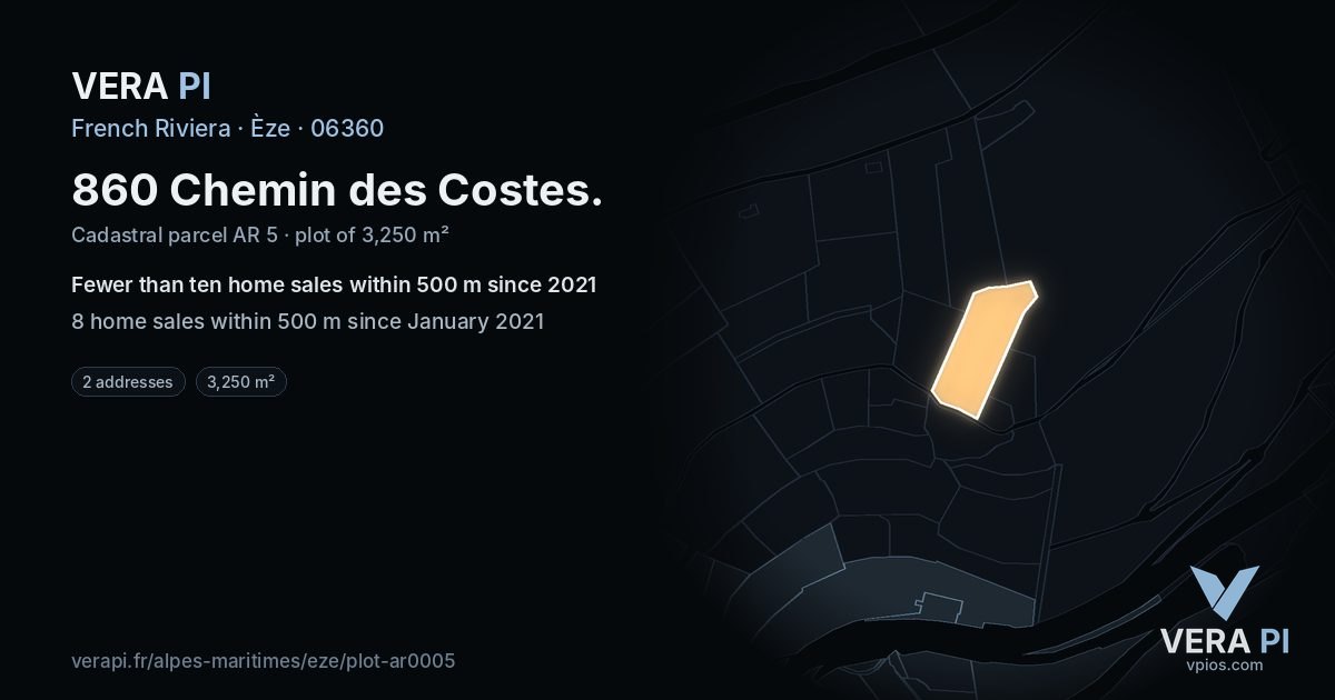 860 Chemin des Costes, Èze at night – the plot lit, the parcels around coloured by the prices near them