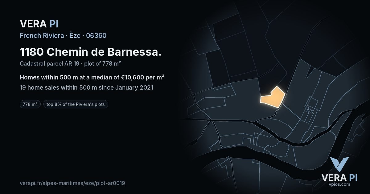 1180 Chemin de Barnessa, Èze at night – the plot lit, the parcels around coloured by the prices near them