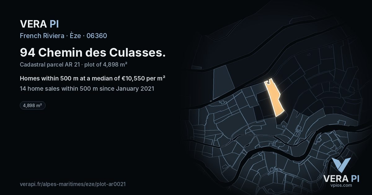 94 Chemin des Culasses, Èze at night – the plot lit, the parcels around coloured by the prices near them