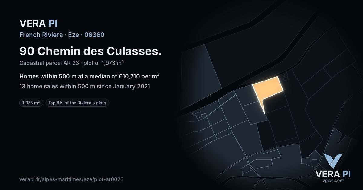 90 Chemin des Culasses, Èze at night – the plot lit, the parcels around coloured by the prices near them