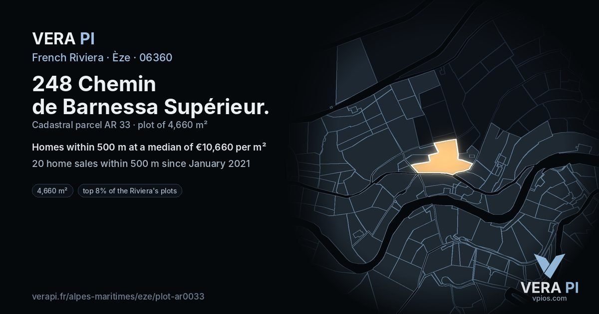 248 Chemin de Barnessa Supérieur, Èze at night – the plot lit, the parcels around coloured by the prices near them