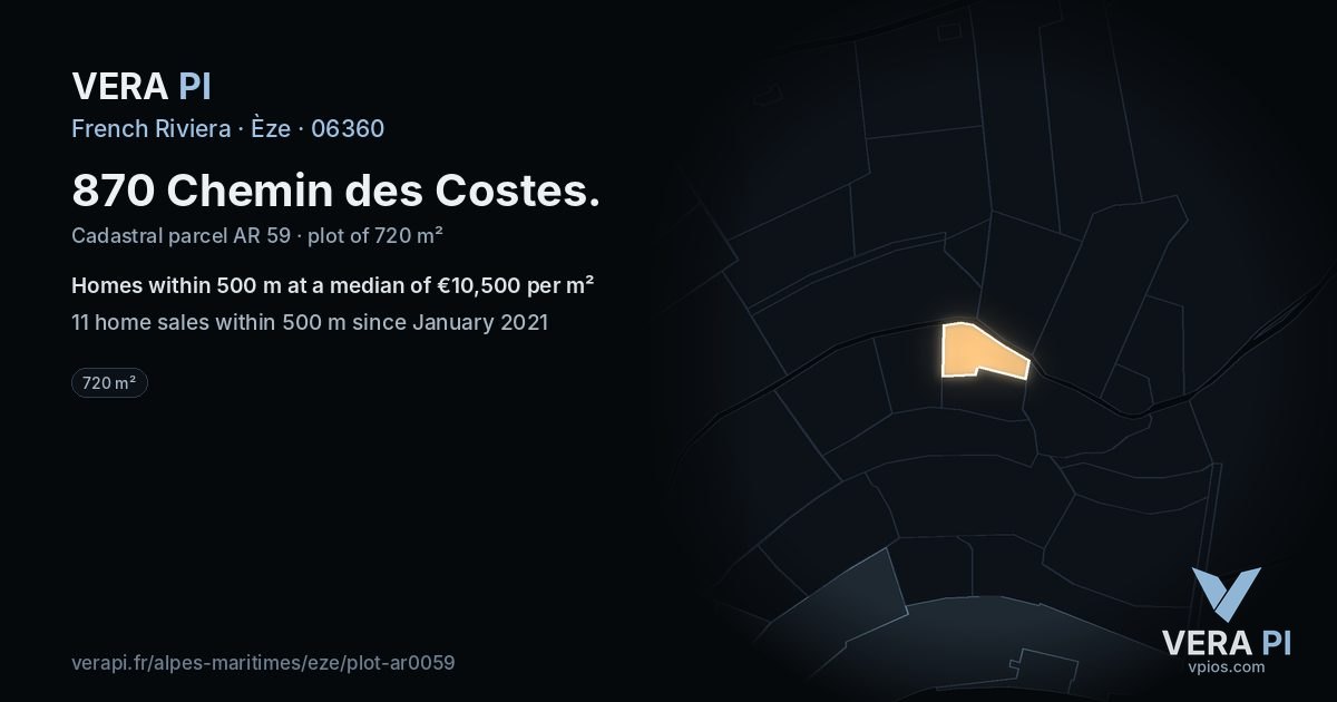 870 Chemin des Costes, Èze at night – the plot lit, the parcels around coloured by the prices near them