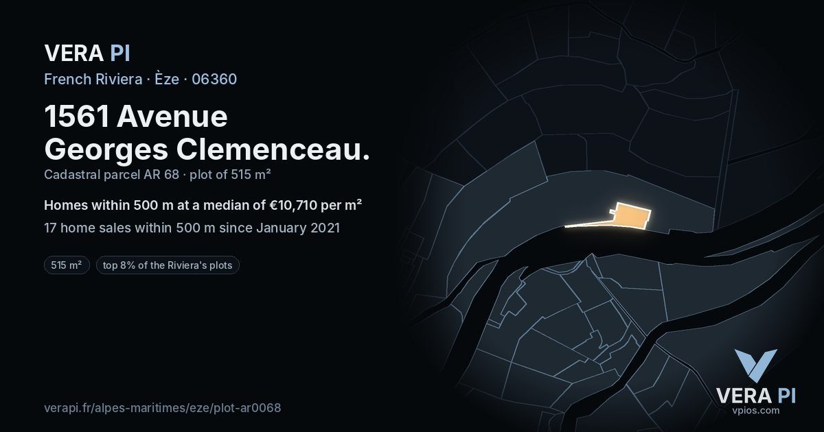 1561 Avenue Georges Clemenceau, Èze at night – the plot lit, the parcels around coloured by the prices near them