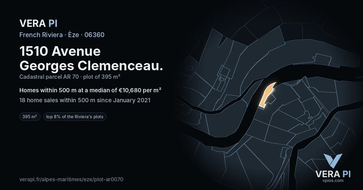 1510 Avenue Georges Clemenceau, Èze at night – the plot lit, the parcels around coloured by the prices near them