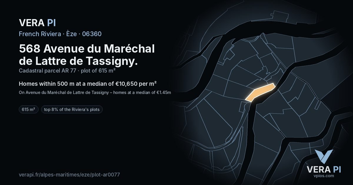 568 Avenue du Maréchal de Lattre de Tassigny, Èze at night – the plot lit, the parcels around coloured by the prices near them