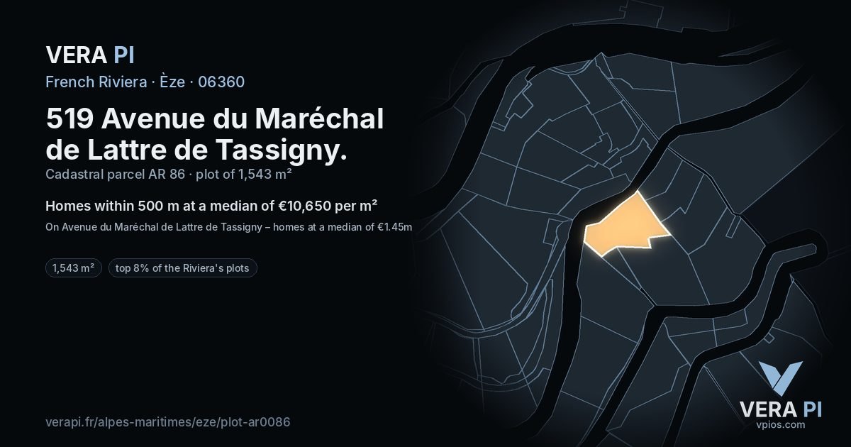 519 Avenue du Maréchal de Lattre de Tassigny, Èze at night – the plot lit, the parcels around coloured by the prices near them