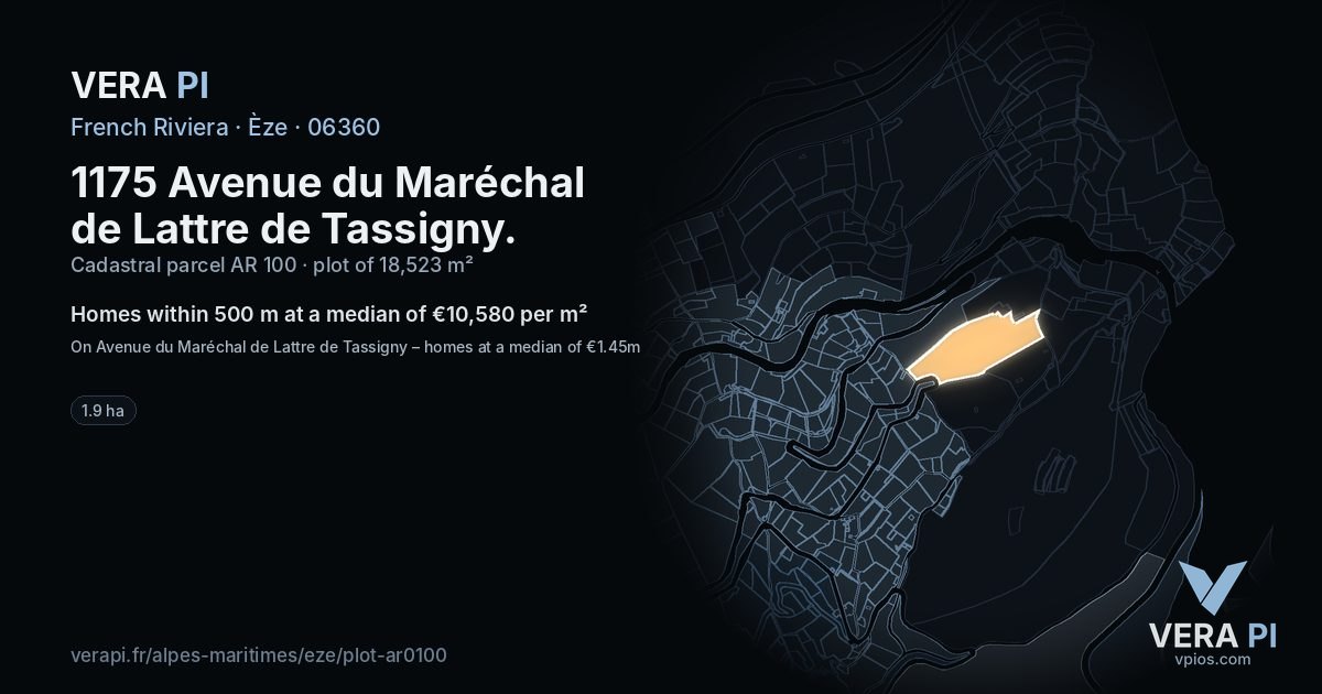 1175 Avenue du Maréchal de Lattre de Tassigny, Èze at night – the plot lit, the parcels around coloured by the prices near them
