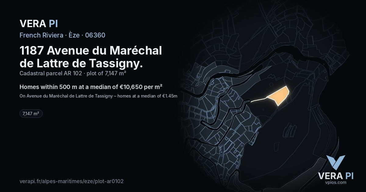 1187 Avenue du Maréchal de Lattre de Tassigny, Èze at night – the plot lit, the parcels around coloured by the prices near them