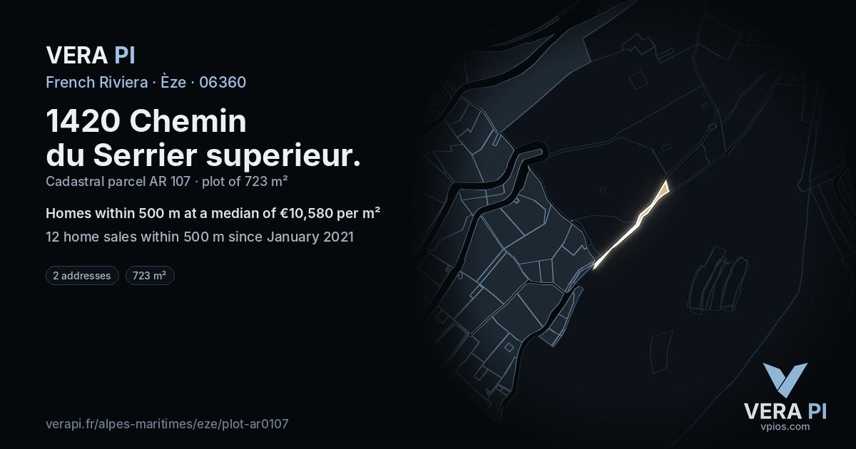 1420 Chemin du Serrier superieur, Èze at night – the plot lit, the parcels around coloured by the prices near them