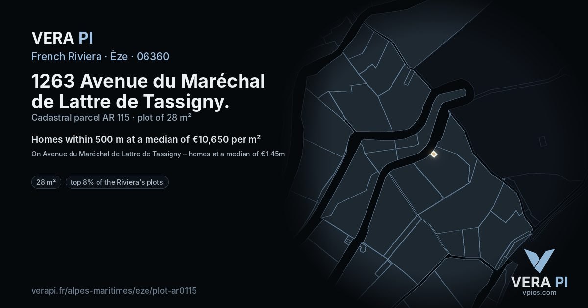 1263 Avenue du Maréchal de Lattre de Tassigny, Èze at night – the plot lit, the parcels around coloured by the prices near them