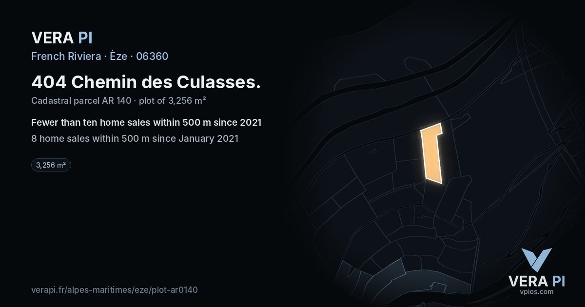 404 Chemin des Culasses, Èze at night – the plot lit, the parcels around coloured by the prices near them