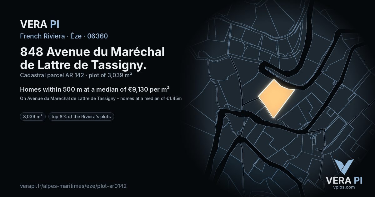 848 Avenue du Maréchal de Lattre de Tassigny, Èze at night – the plot lit, the parcels around coloured by the prices near them