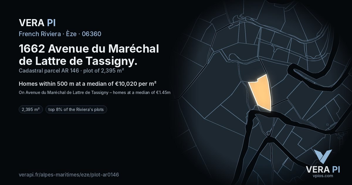 1662 Avenue du Maréchal de Lattre de Tassigny, Èze at night – the plot lit, the parcels around coloured by the prices near them