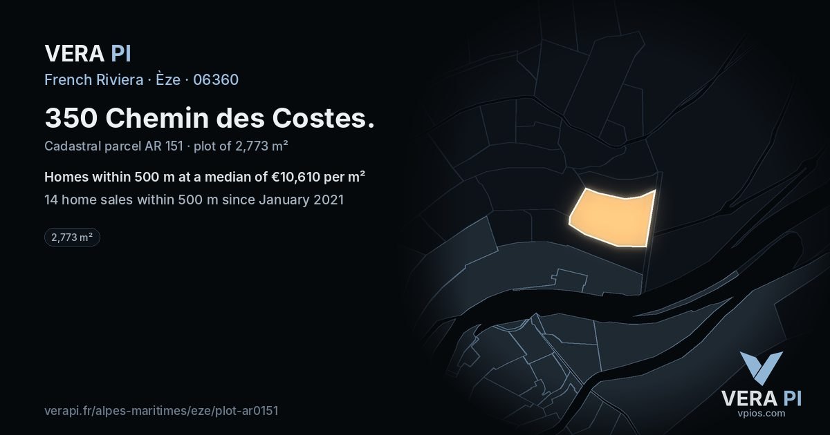 350 Chemin des Costes, Èze at night – the plot lit, the parcels around coloured by the prices near them