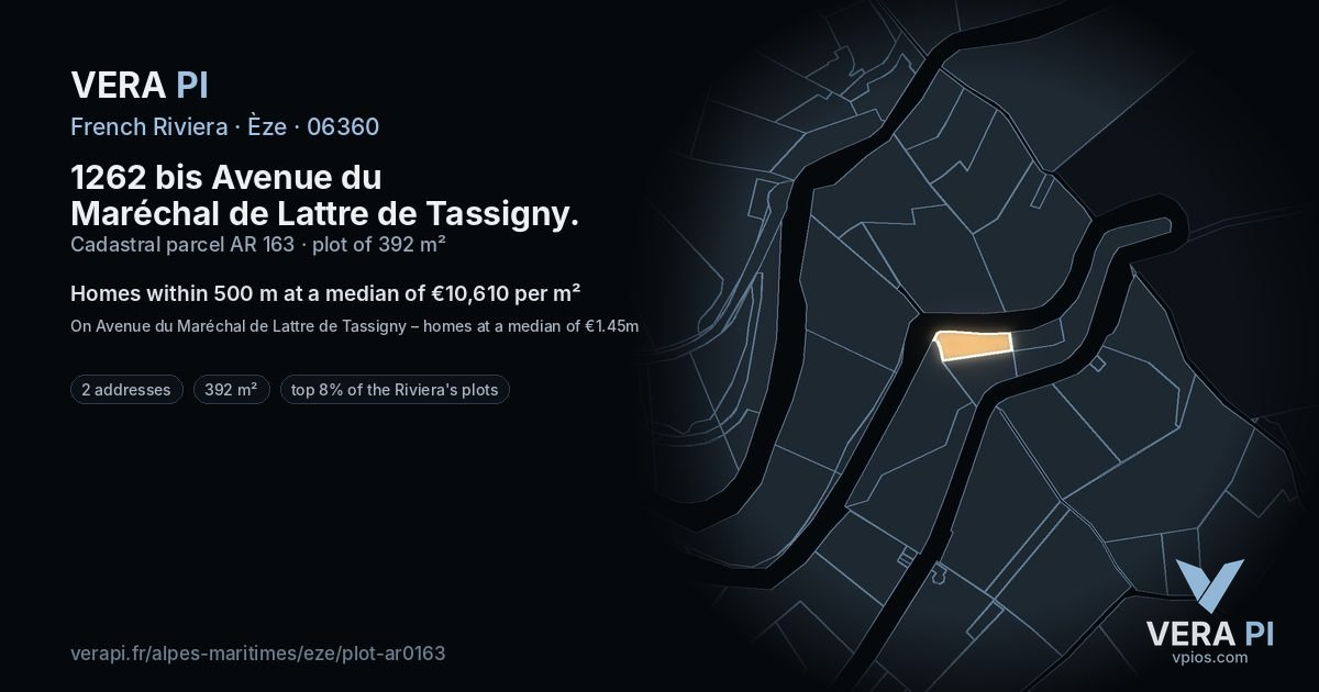 1262 bis Avenue du Maréchal de Lattre de Tassigny, Èze at night – the plot lit, the parcels around coloured by the prices near them