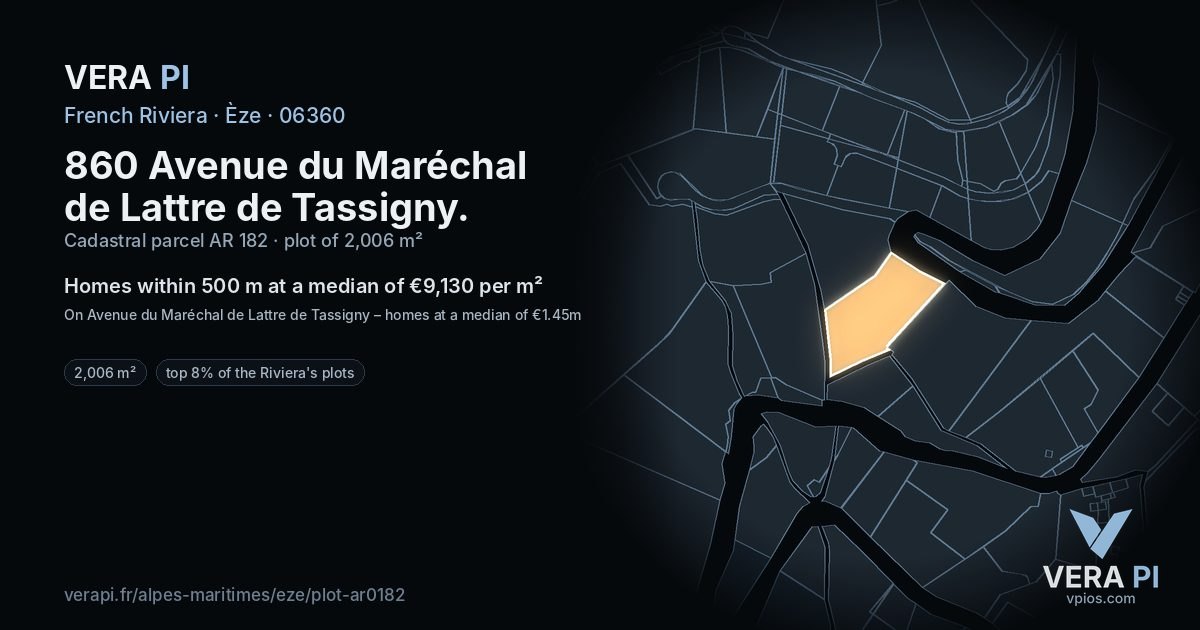 860 Avenue du Maréchal de Lattre de Tassigny, Èze at night – the plot lit, the parcels around coloured by the prices near them