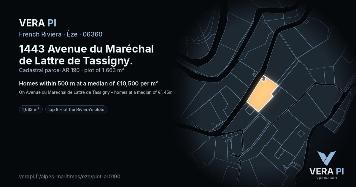 1443 Avenue du Maréchal de Lattre de Tassigny, Èze at night – the plot lit, the parcels around coloured by the prices near them